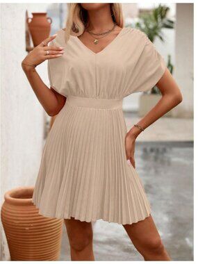 SHEIN Clasi Women's Solid Color Batwing Sleeve Simple Pleated Hem Casual Dress L